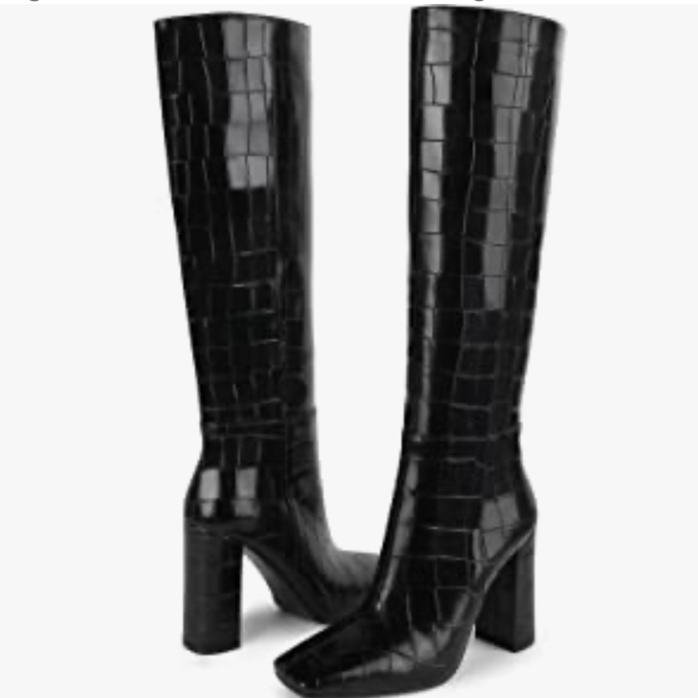 Black Knee High Crocodile pattern Boots